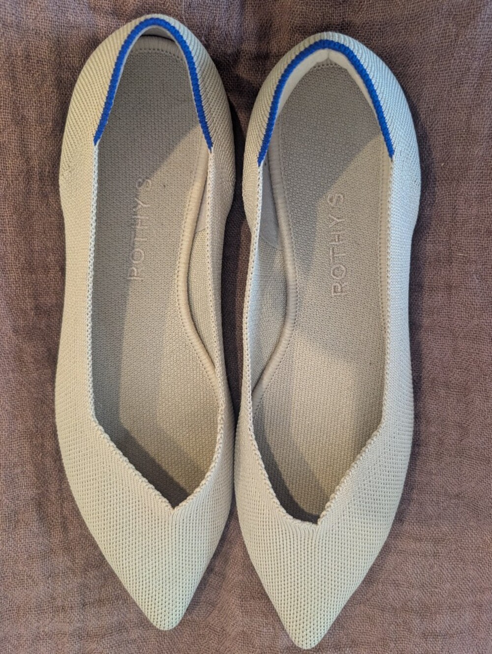 Rothy's Pointed Knit Flats in Beige with Blue Trim